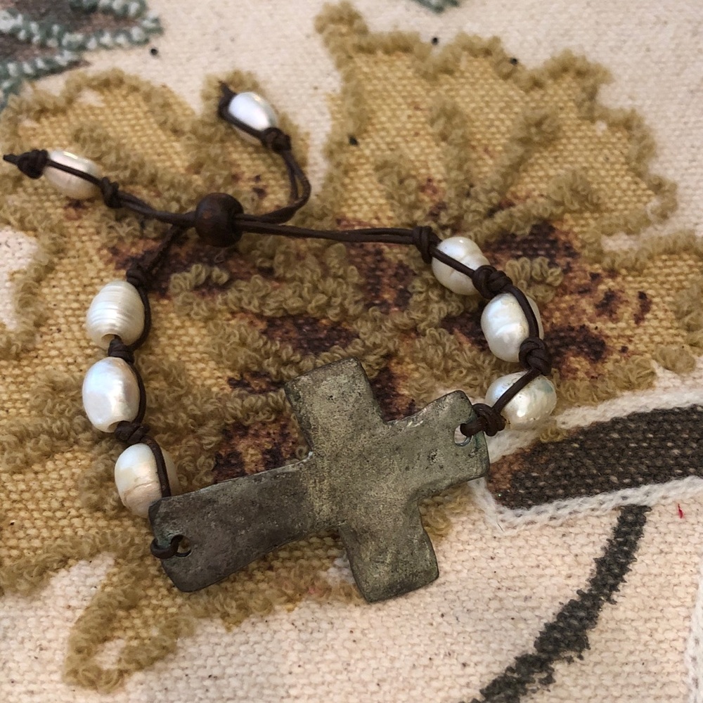 Rustic Cross Bracelet with Pearls